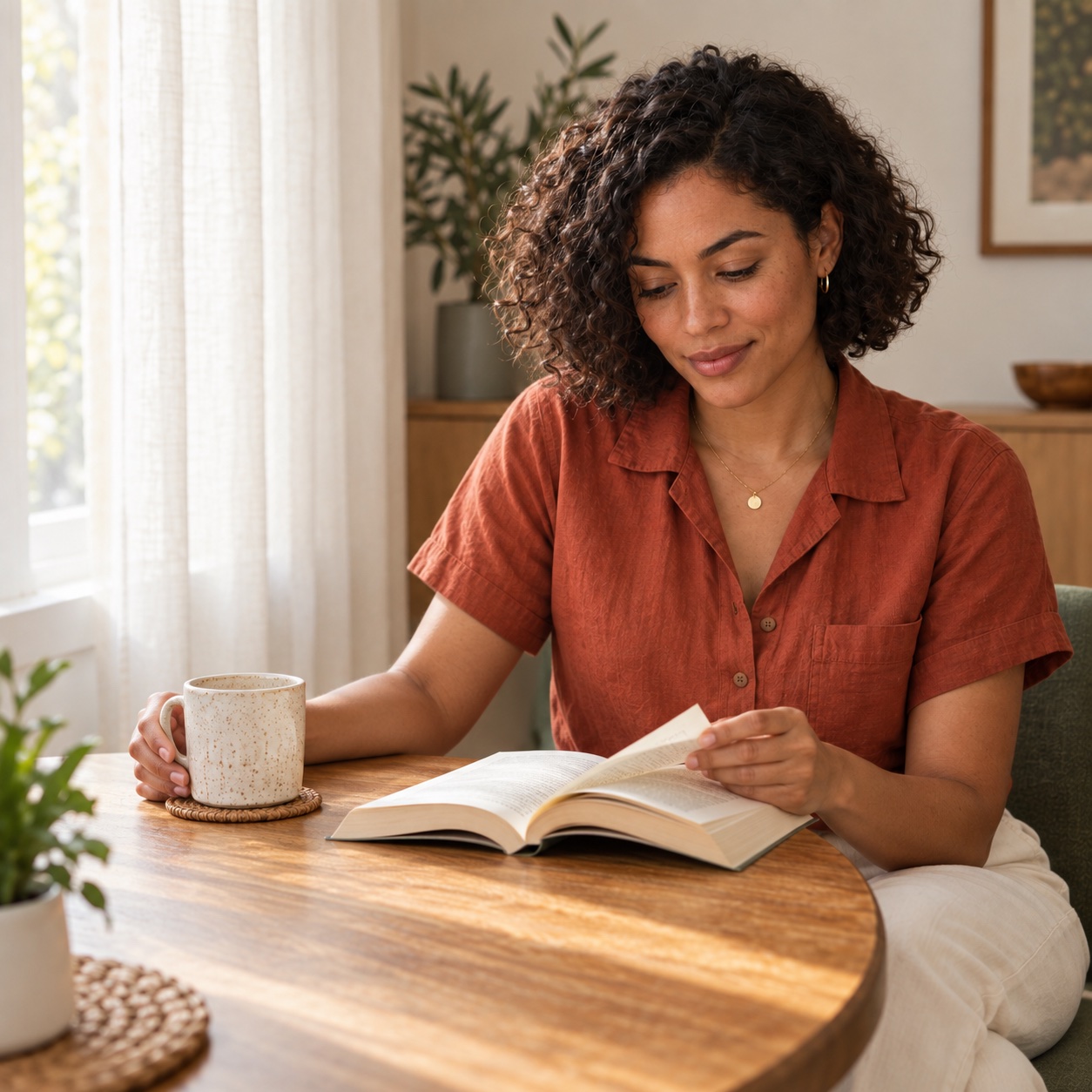 Dezelfde vrouw met een boek en een mok aan tafel in het ochtendlicht