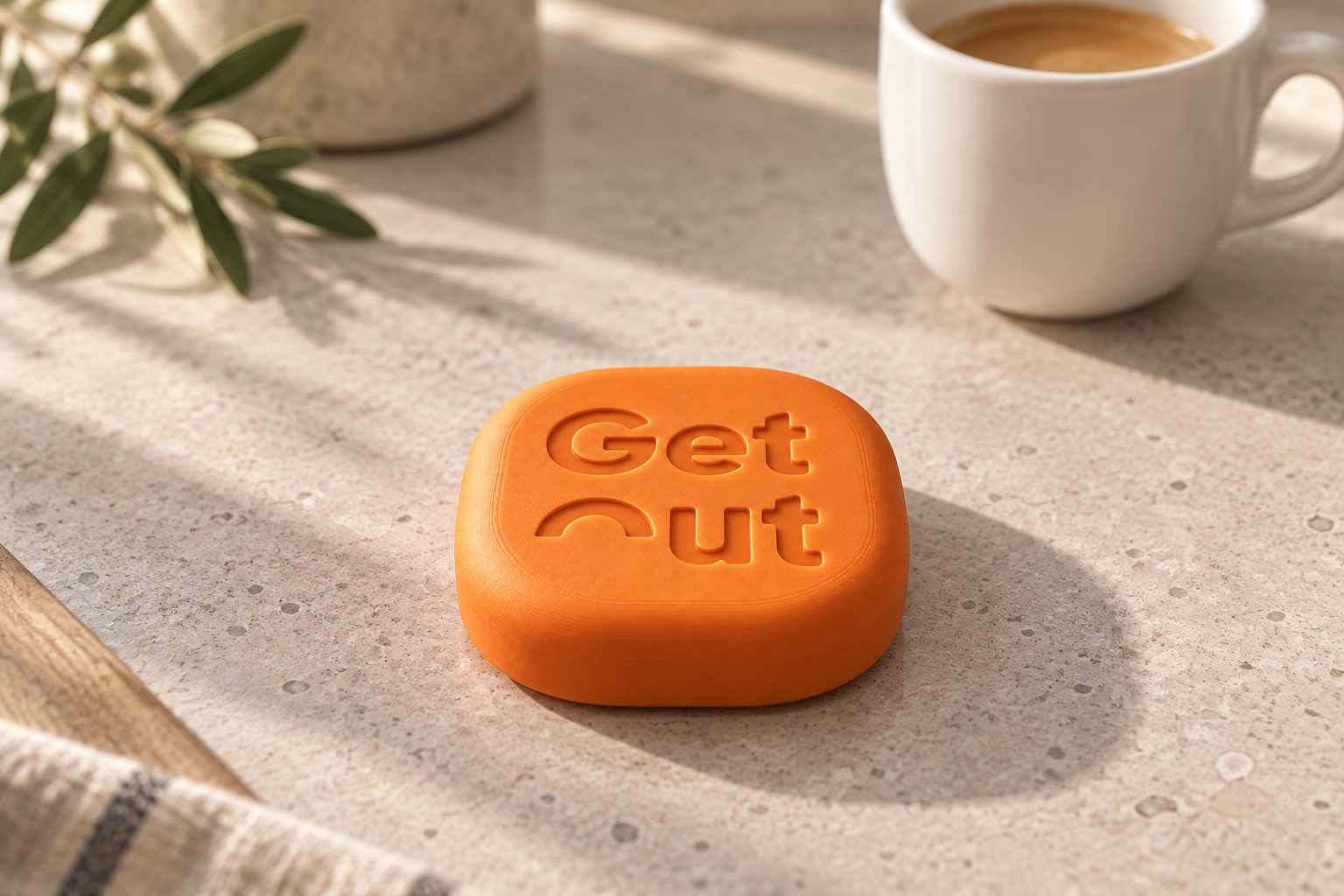 The orange GetOut puck beside a coffee cup in soft morning sunlight
