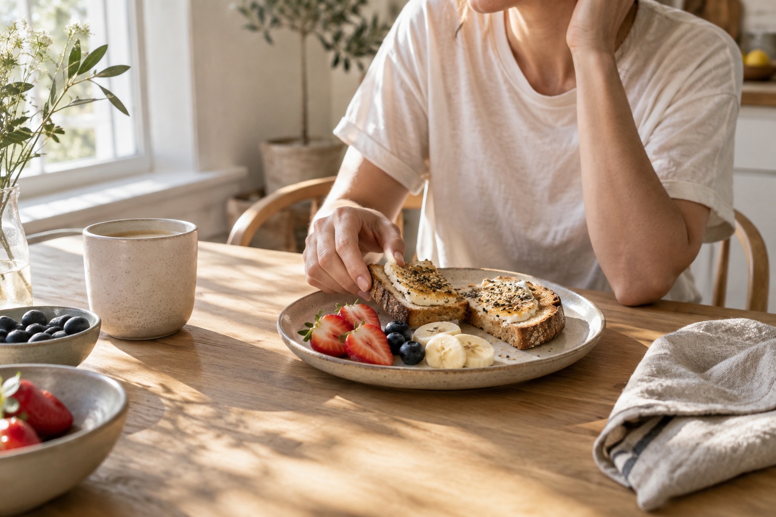 A relaxed breakfast at a sunlit kitchen table