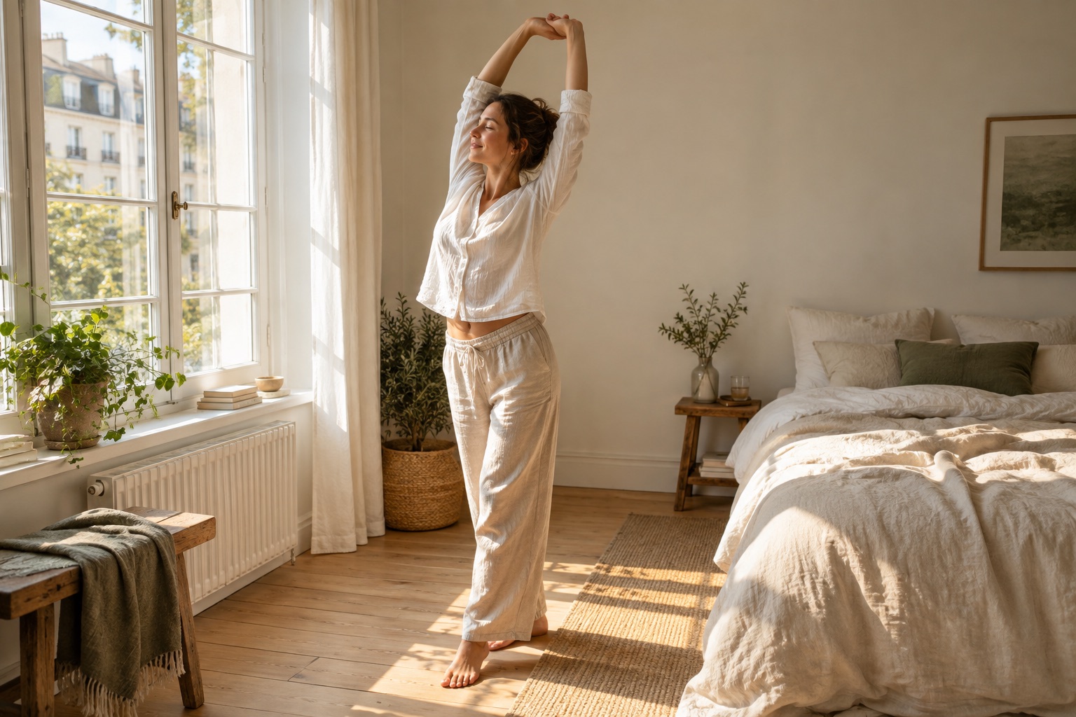 Stretching beside an open, sunlit bedroom window