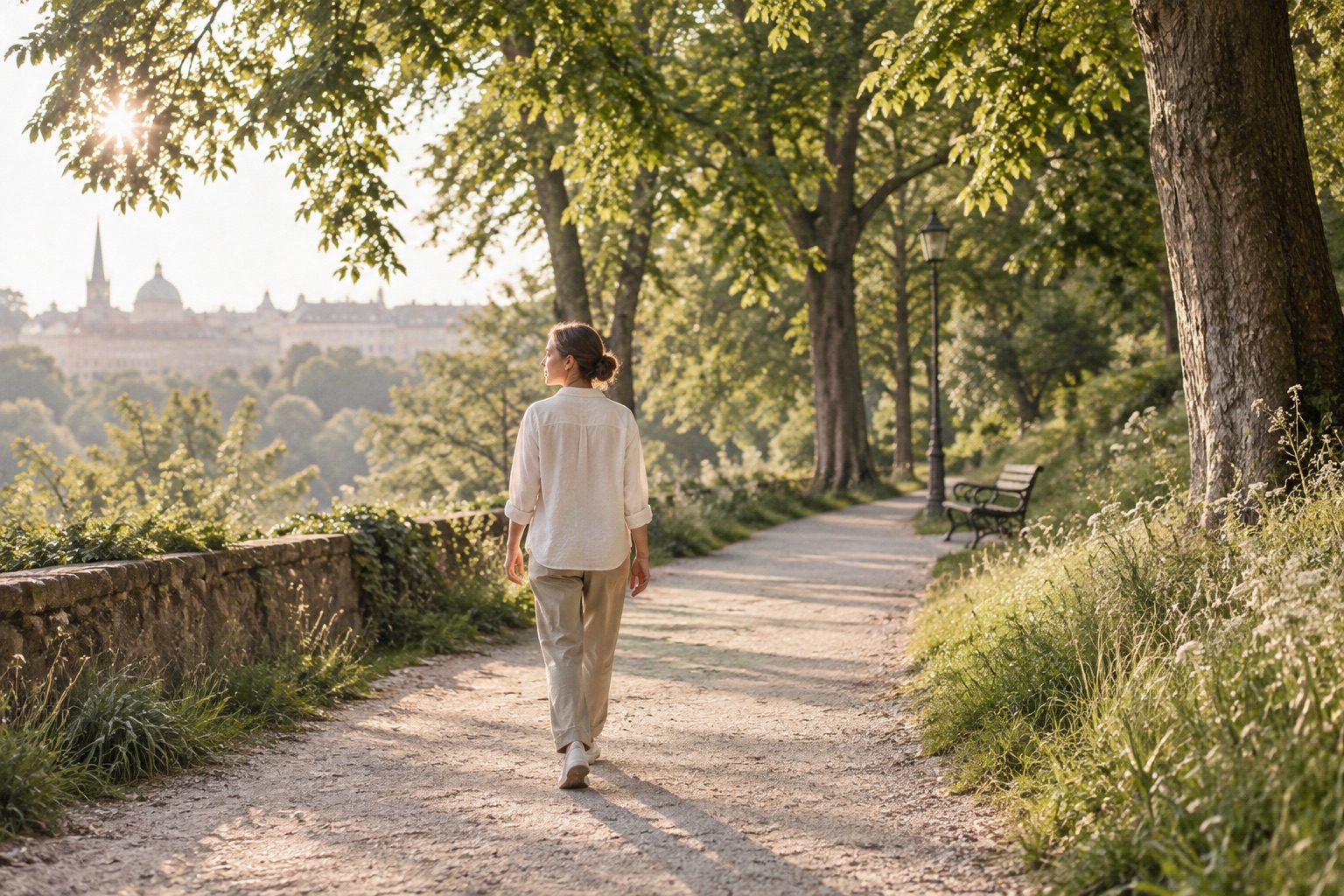 An early morning walk on a quiet tree-lined path