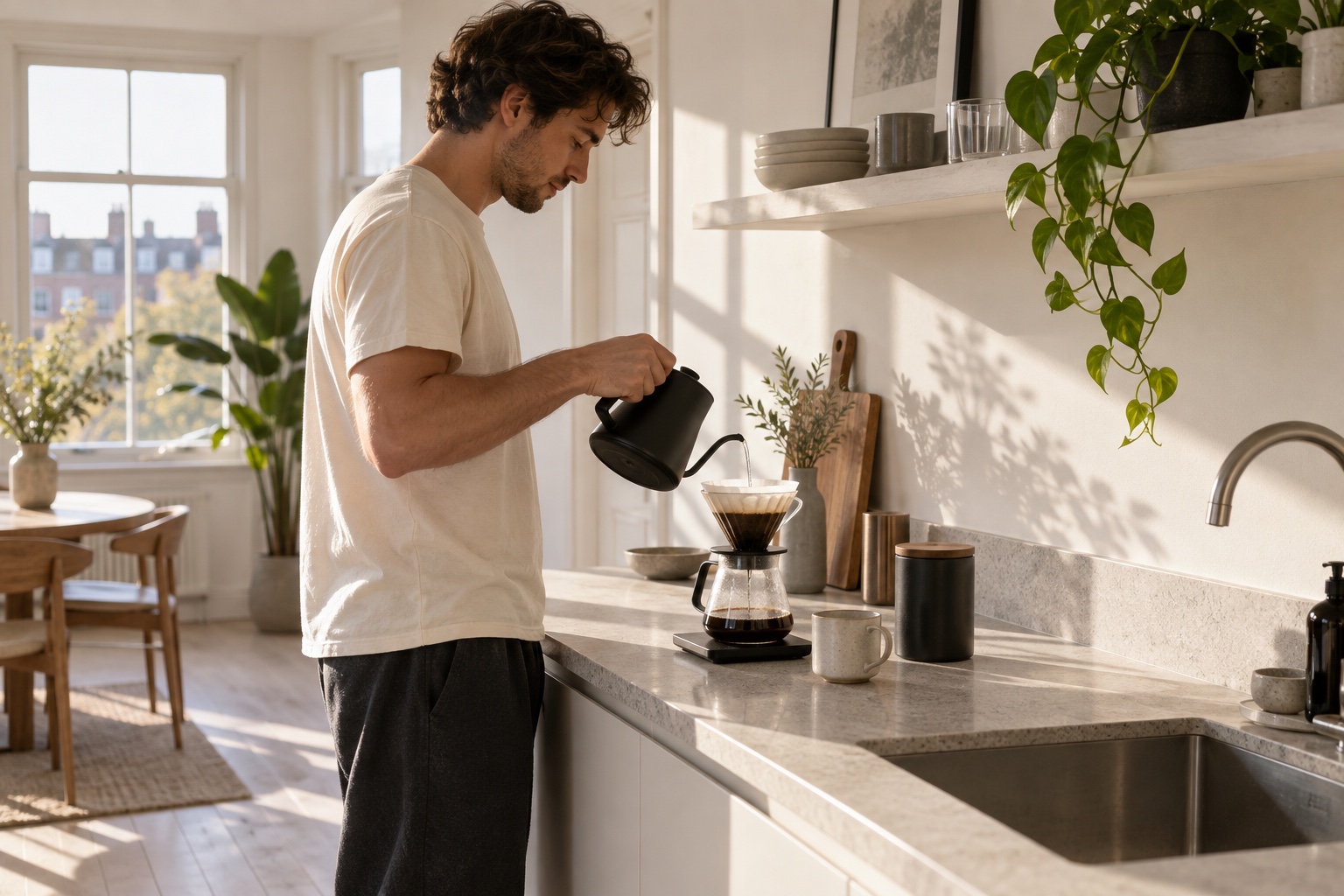 A quiet morning making pour-over coffee in a sunlit kitchen