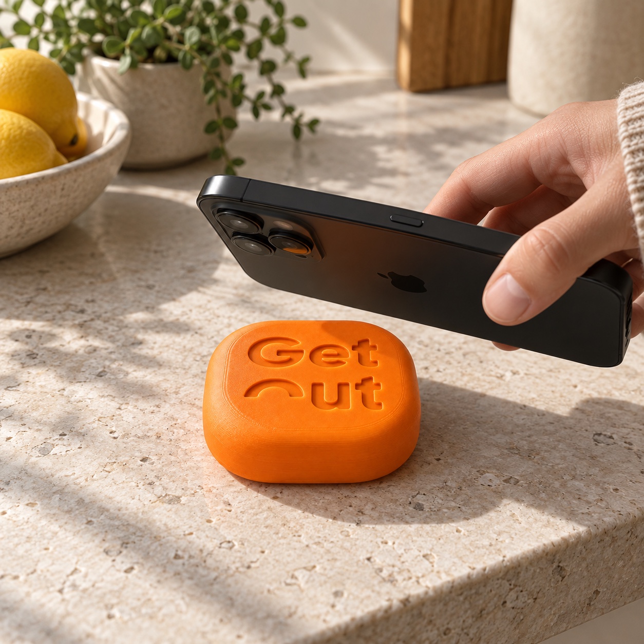 An iPhone held close to the orange GetOut puck on a kitchen counter